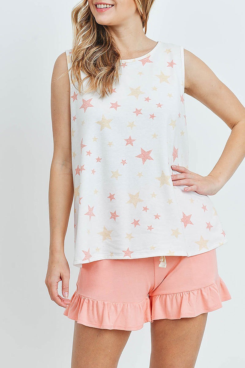 Star print tank top and shorts set with self tie (ED9108)