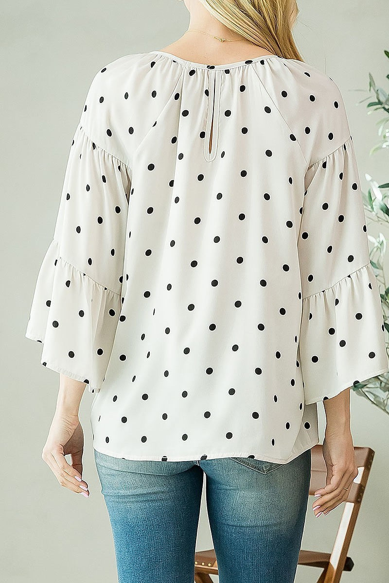 Bell sleeve polka dot ruched top (EF3938)