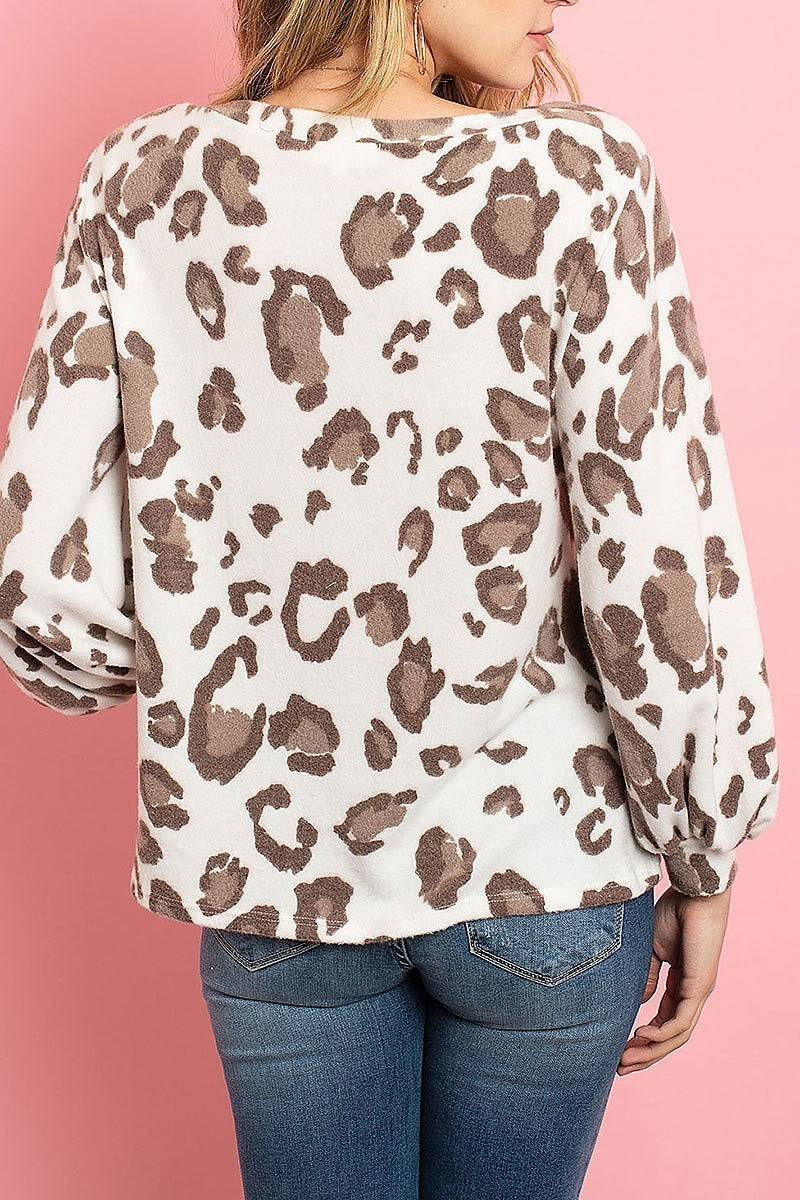 Leopard brushed hacci puff sleeved boat neck top (ED8167-1)