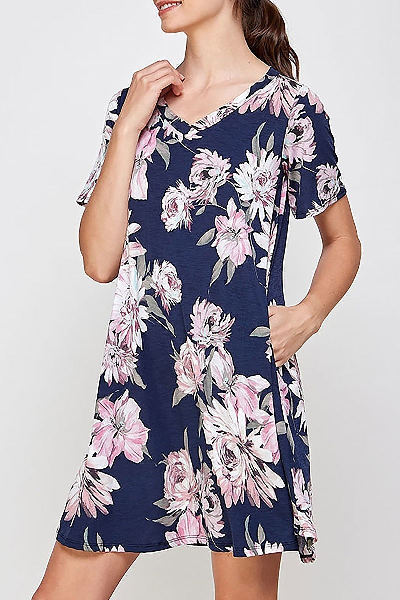 V neck floral pocket dress (DED6403)