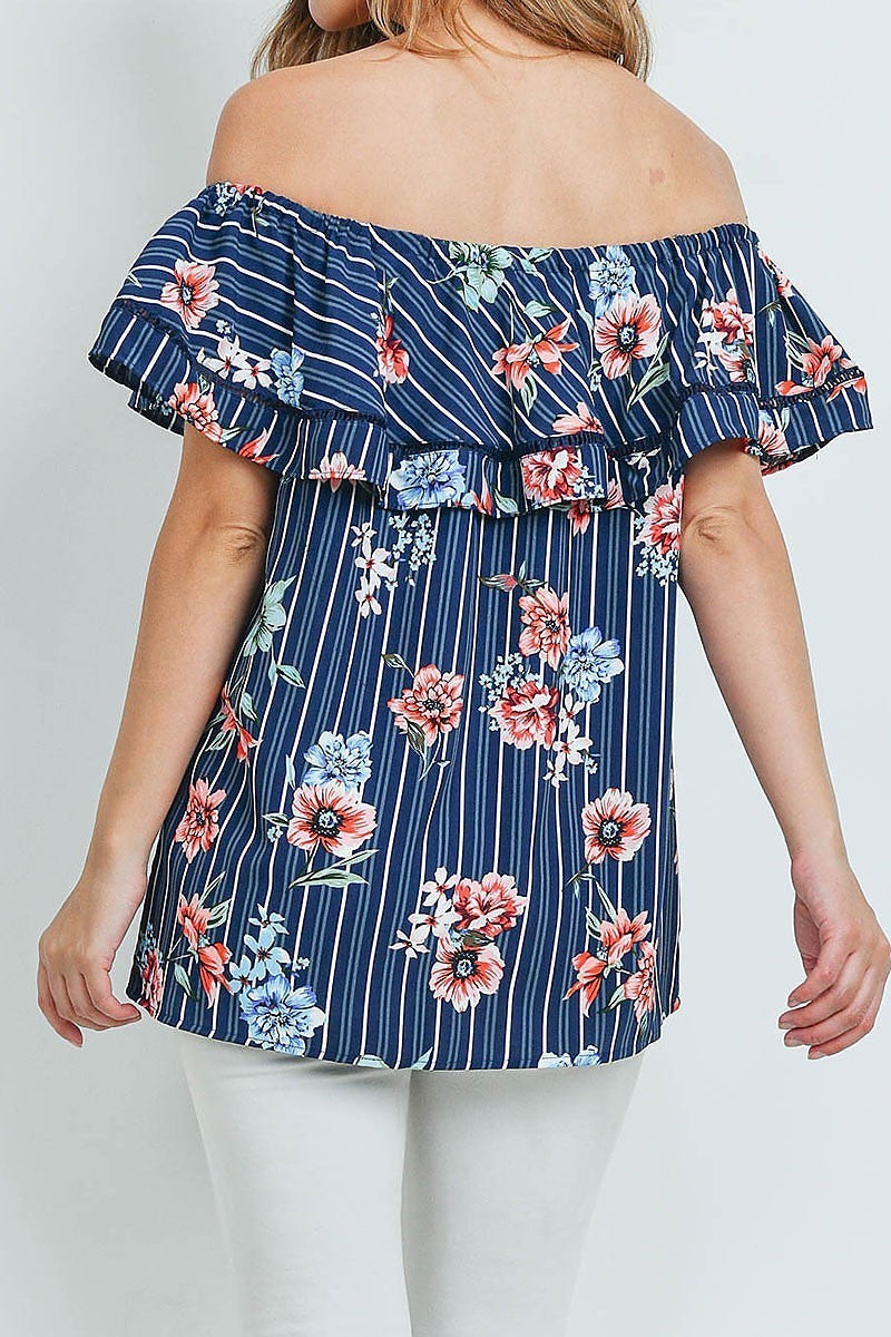 Off shoulder ruffle detail floral stripe top (ED8987-O3)