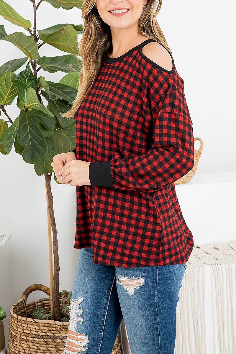 Plaid long sleeve cold shoulder top (EF2757)