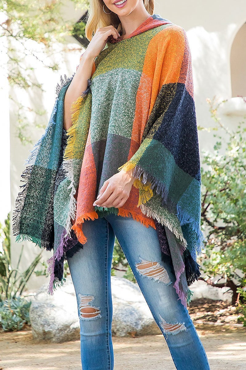 Square multicolor warmer knitted hooded poncho (DGS5851)