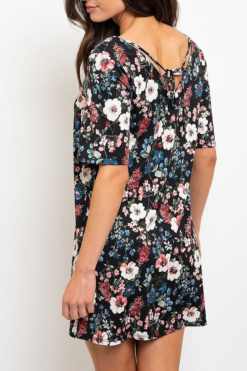 Crisscross neck floral print mini dress (EDWT2233)