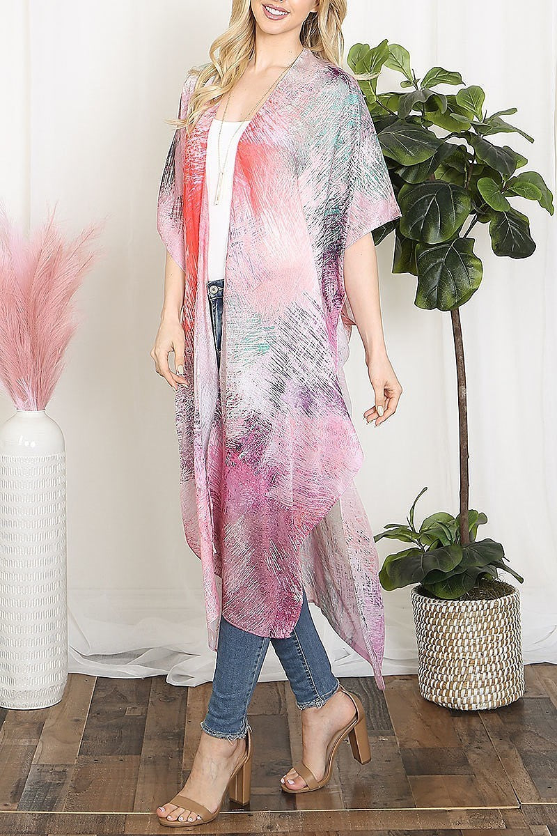 Tie dye multicolor splatter line print open front long kimono (EF5607)