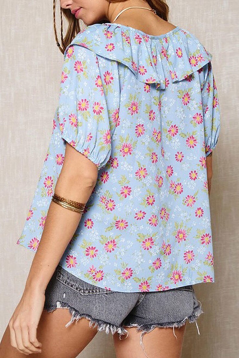 Short sleeve ruffle neck floral top (EDWT8490)