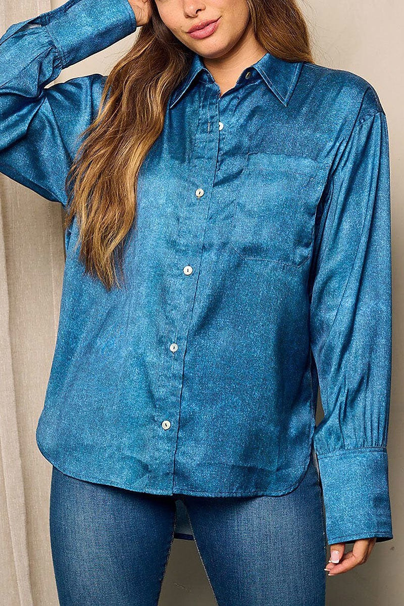 Front pocket button up washed blouse top (EFWT4817)