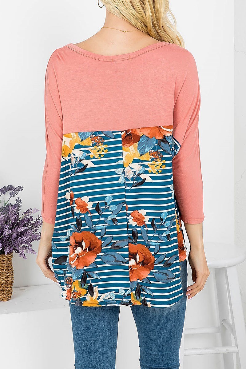 Floral print stripes round neckline long sleeve top (EF4152)