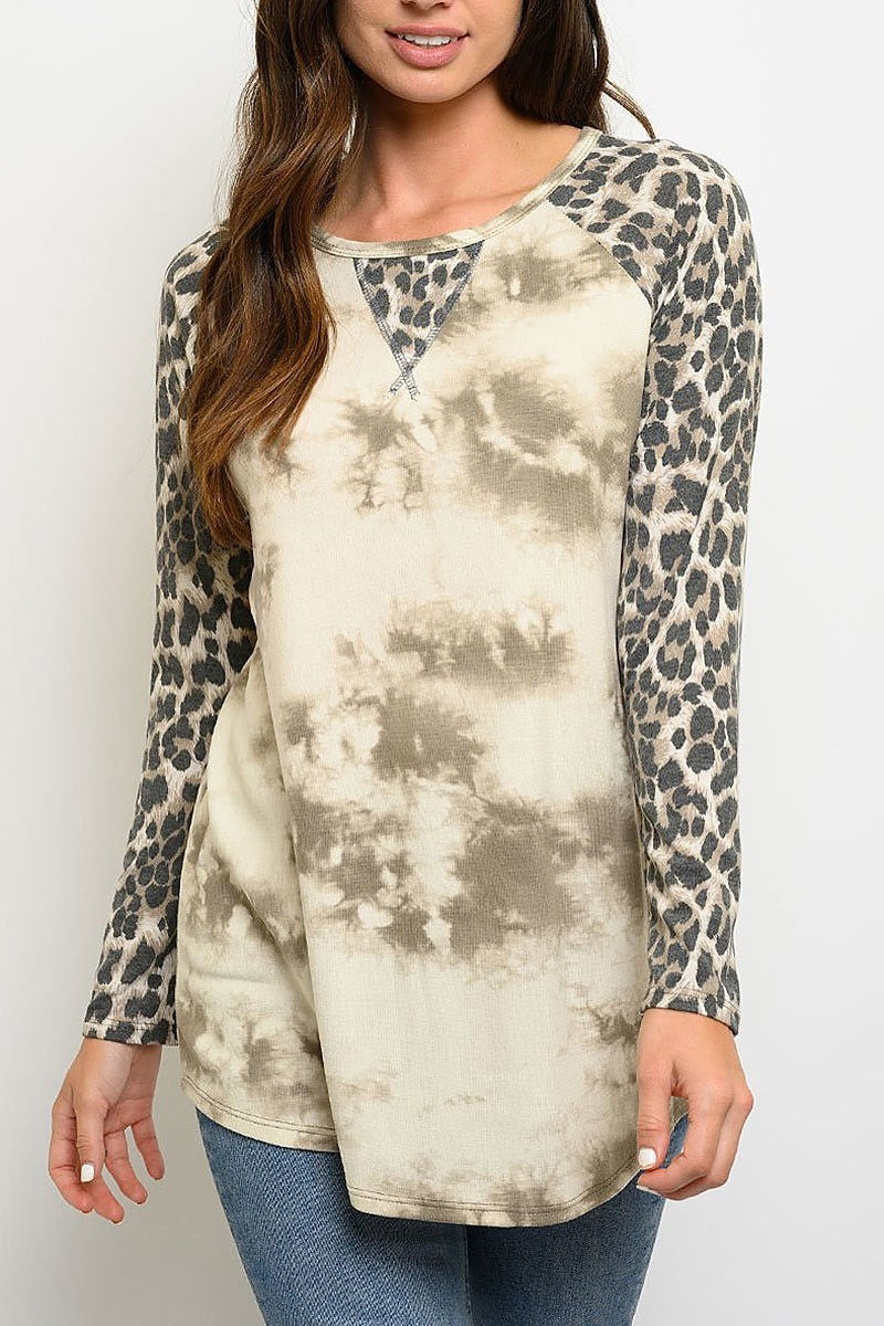 Long sleeve animal print tie dye contrast top (EDWT3430)