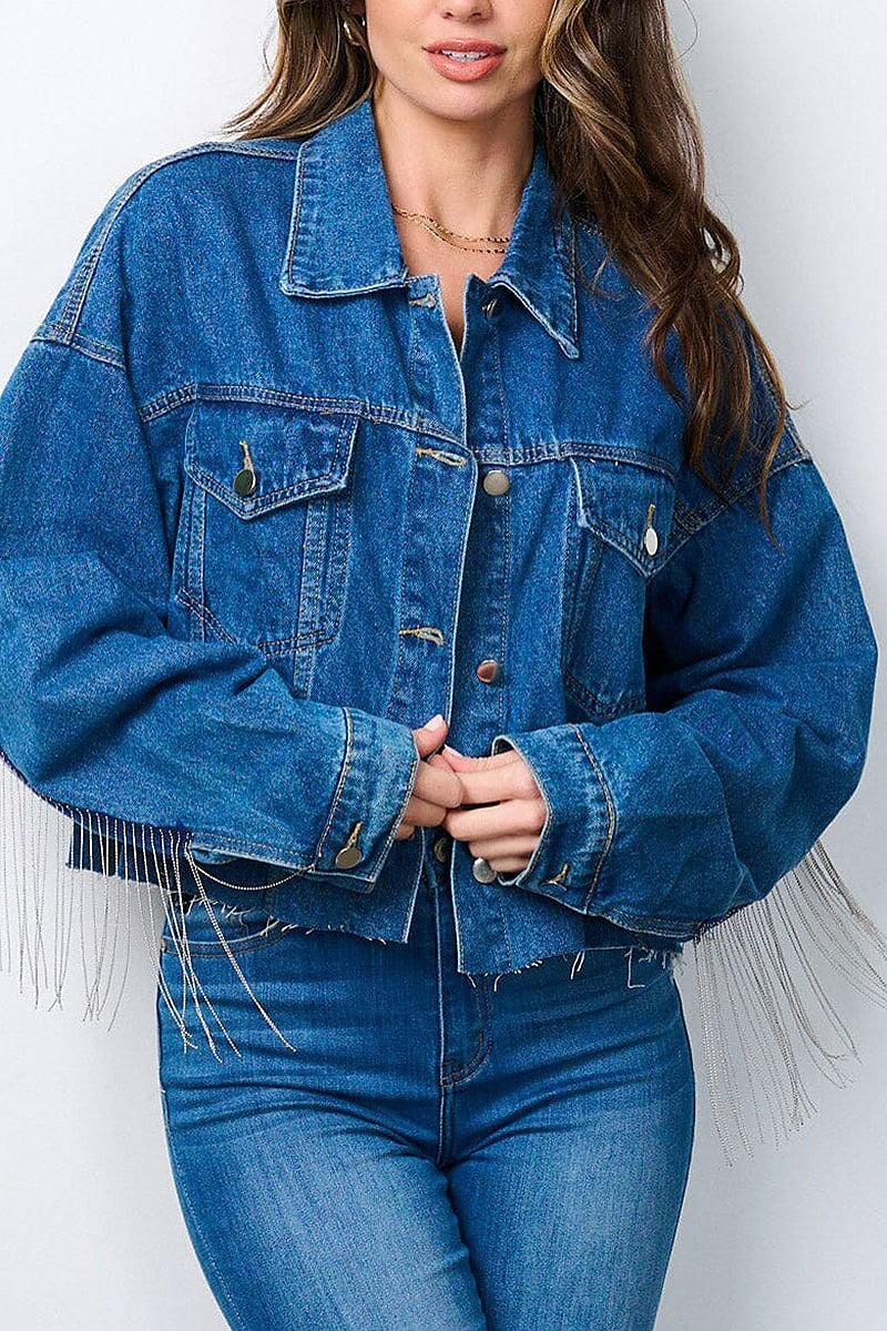 Stud fringe detailed raw edge denim jacket (EFWT7163)