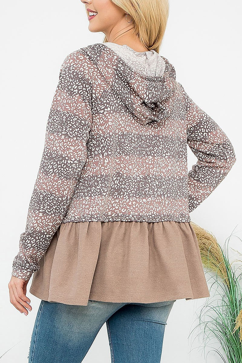 Solid hem striped leopard hoodie top (EF7030)