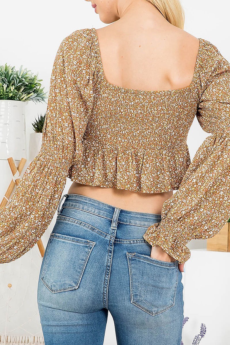 Scoop neck smoked detail floral print crop top (EF2959)