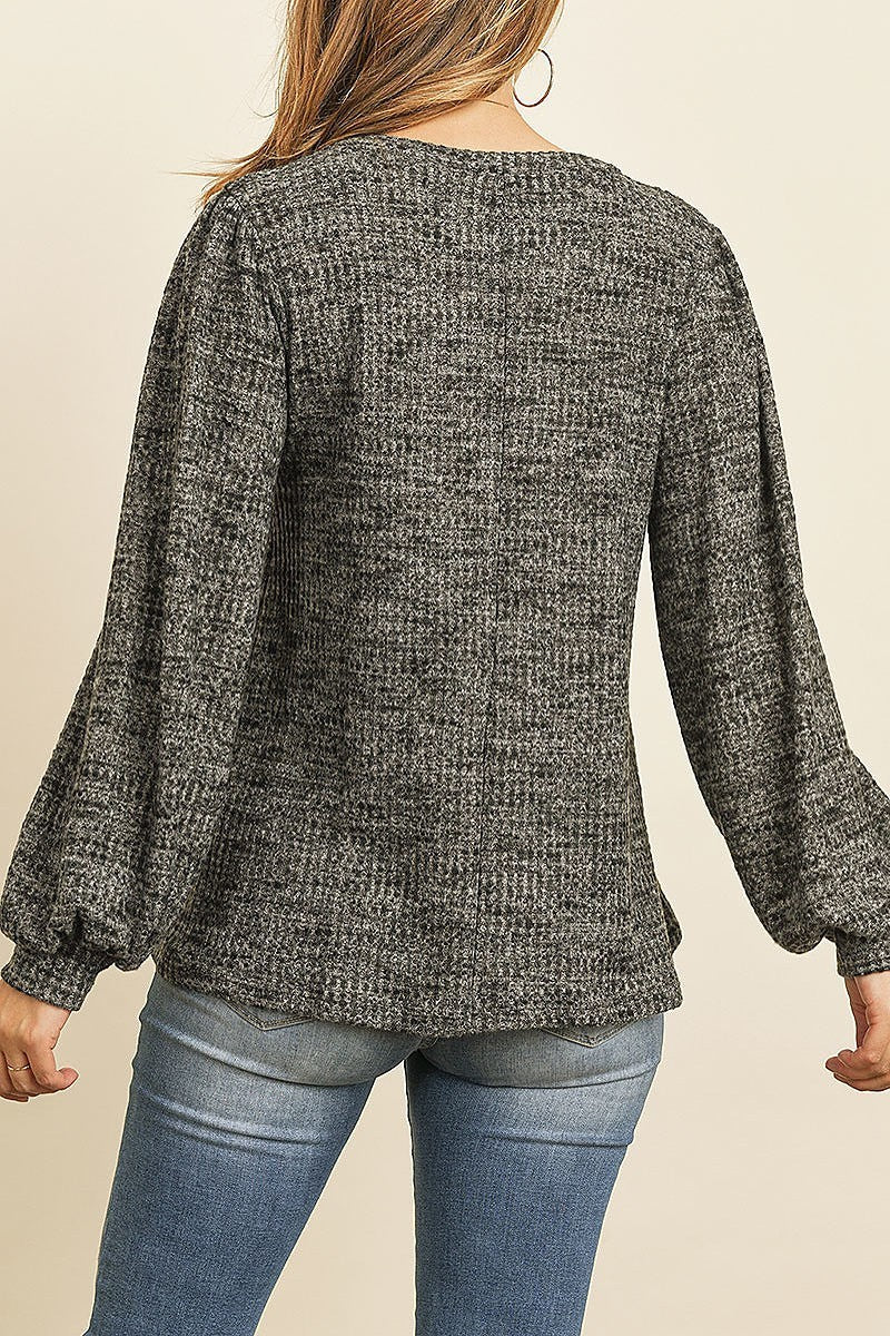 Long puff sleeve round neck waffle brushed loose fit top (ED8100-8)