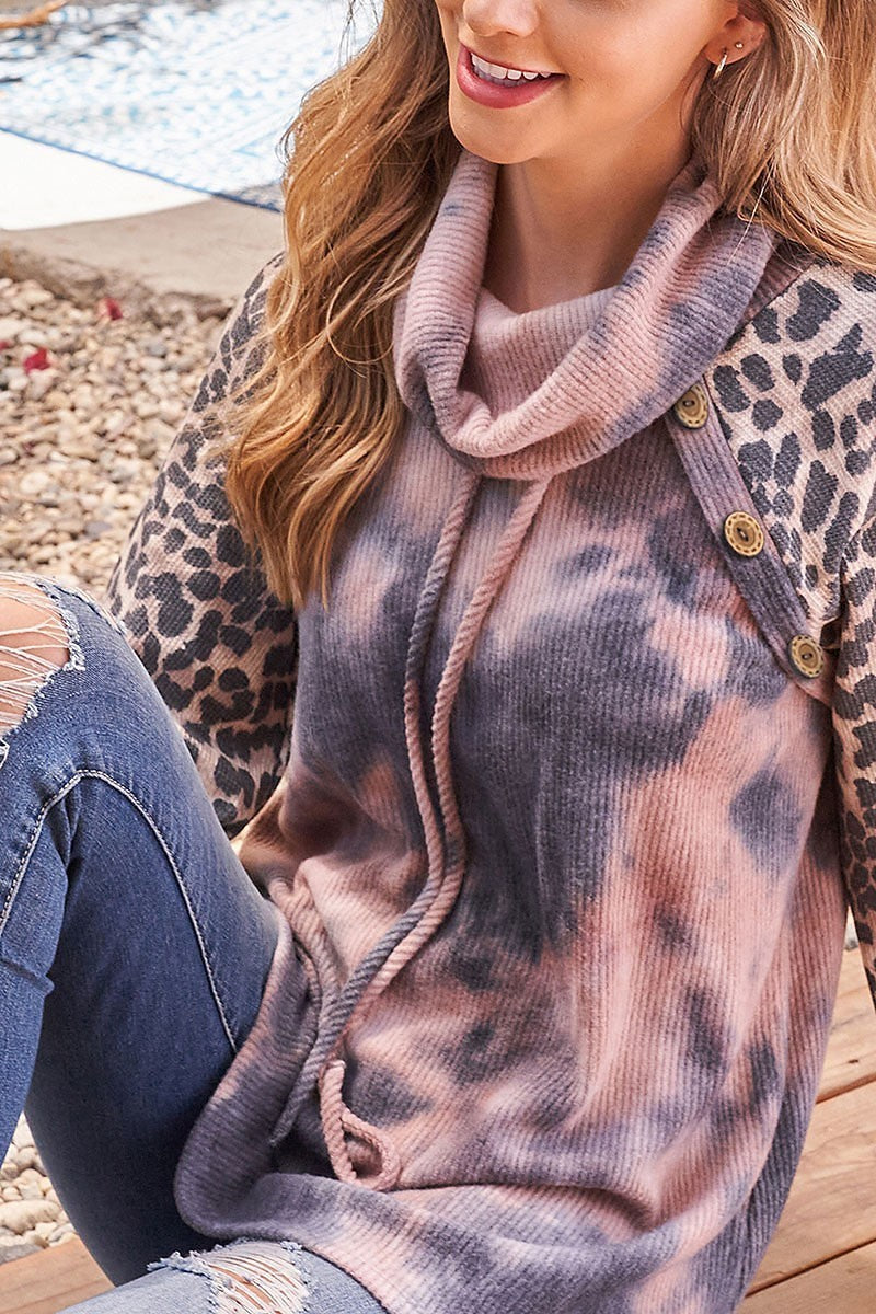 Leopard tie dye cowl neck top with self tie (EF1952)