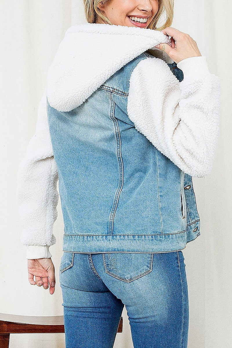 Faux fur contrast hoodie denim jacket (DGS5622)