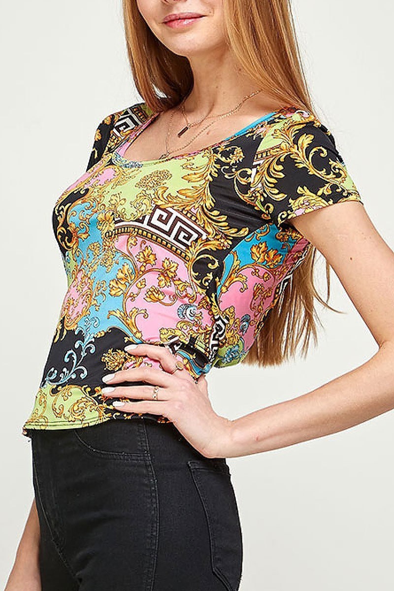 Twist open back paisley print top (EF3062)