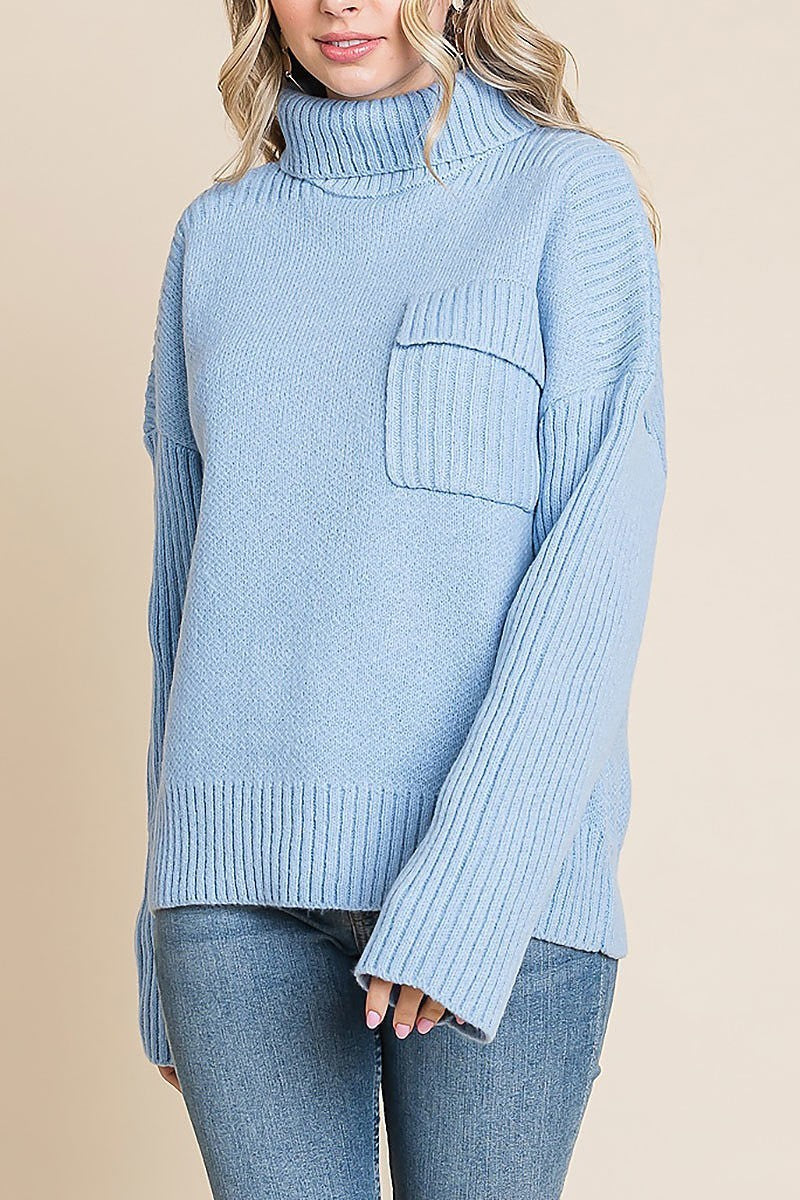 Oversized ribbed knit sweater w/ chest pocket (EDH1929-1)