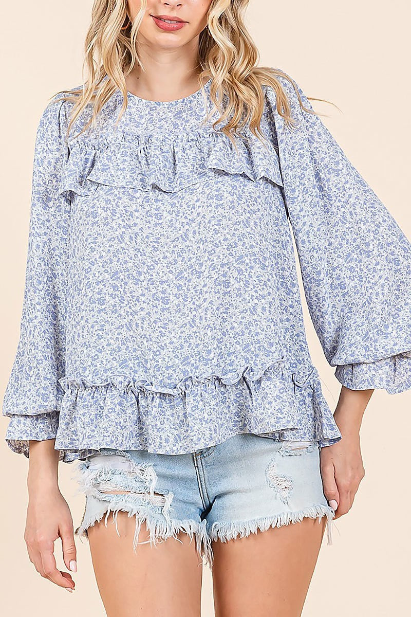 Floral printed long sleeve blouse with ruffle (EDH2176)