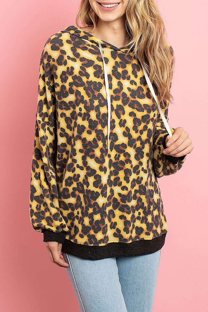 Animal print color block loose fit hoodie top (ED8151)