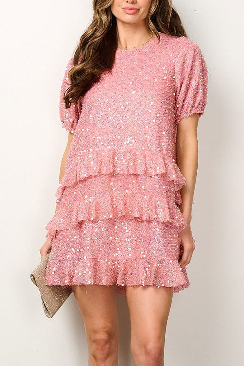 Short puff sleeve ruffle sequins mini dress (EFWT6875)