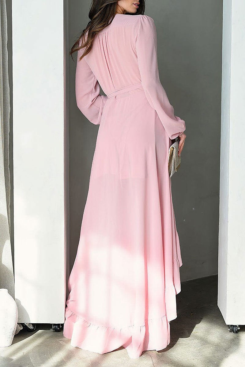 Long sleeve wrap ruffle maxi dress (EDWT9617)