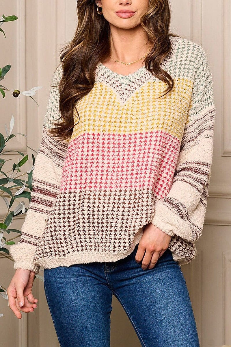 Long sleeve v-neck pullover multi colors sweater (EFWT5429)