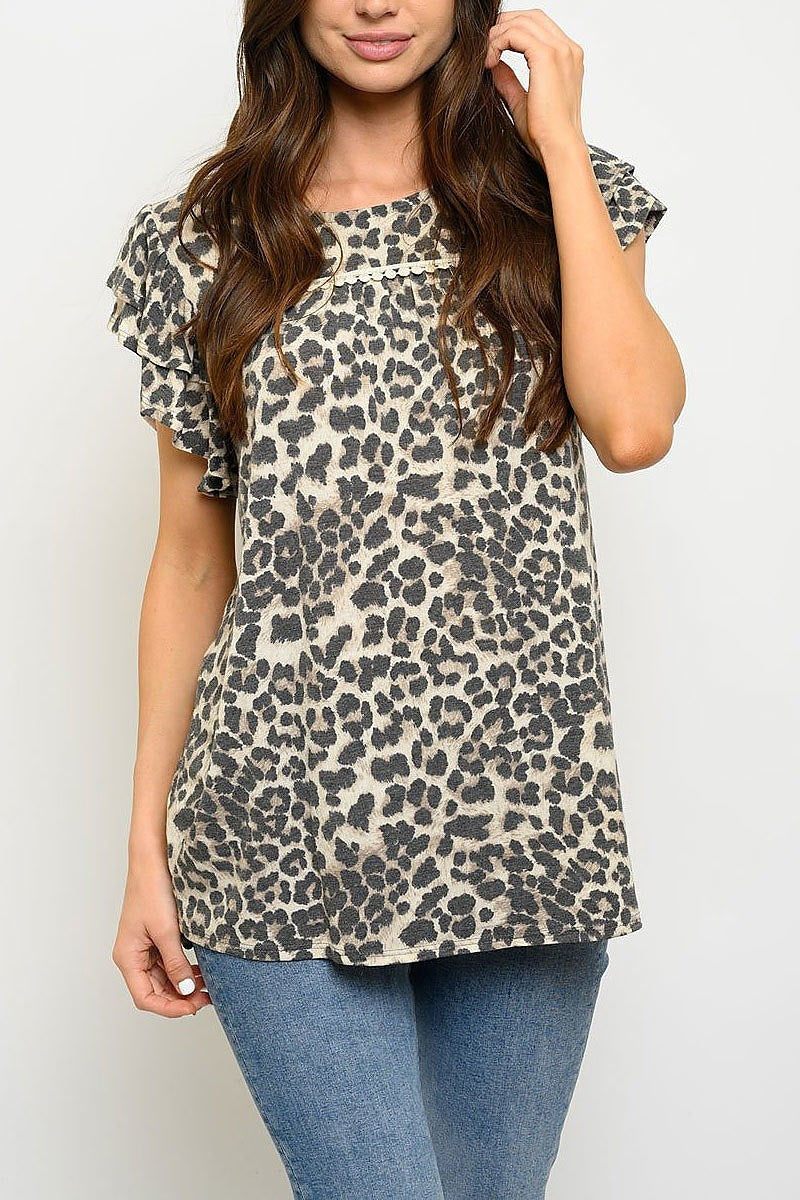 Short ruffle sleeve animal print top (EDWT3101)