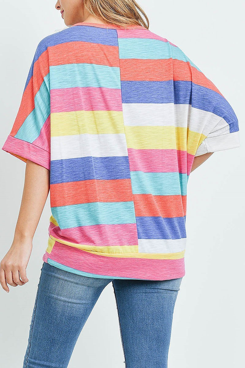 Round neck multi stripe loose fit top (ED9271)