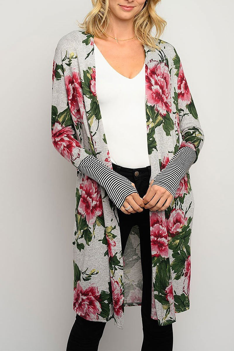 Floral print stripes long sleeve cardigan (EDWT3254)