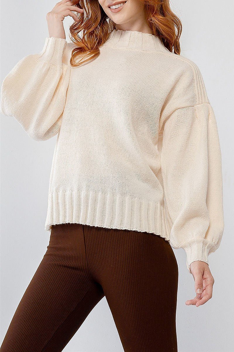 Bubble sleeve ribbed knit detail sweater (TDG9928)