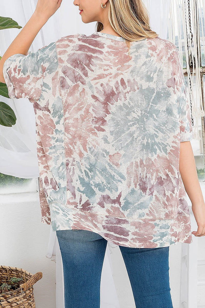 Tie dye round neck front slit cuffed sleeve top (EF3085)