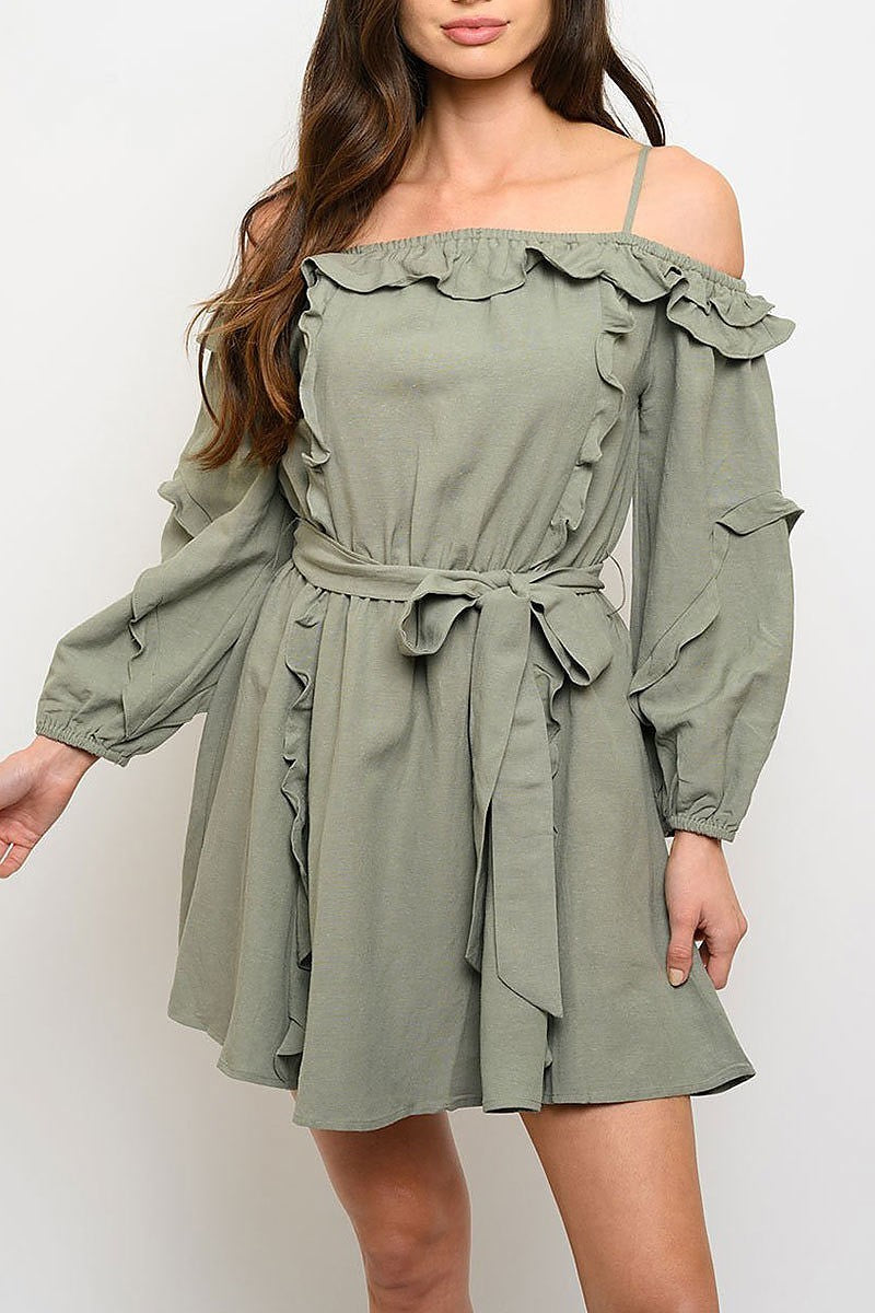 Long sleeve off shoulder self tie mini dress (EDWT3688)