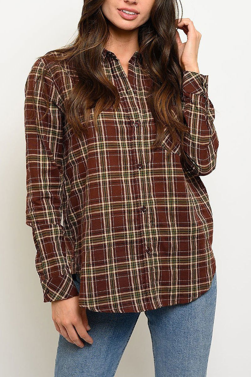 Button f ront pocket detail plaid top (EDWT2902)