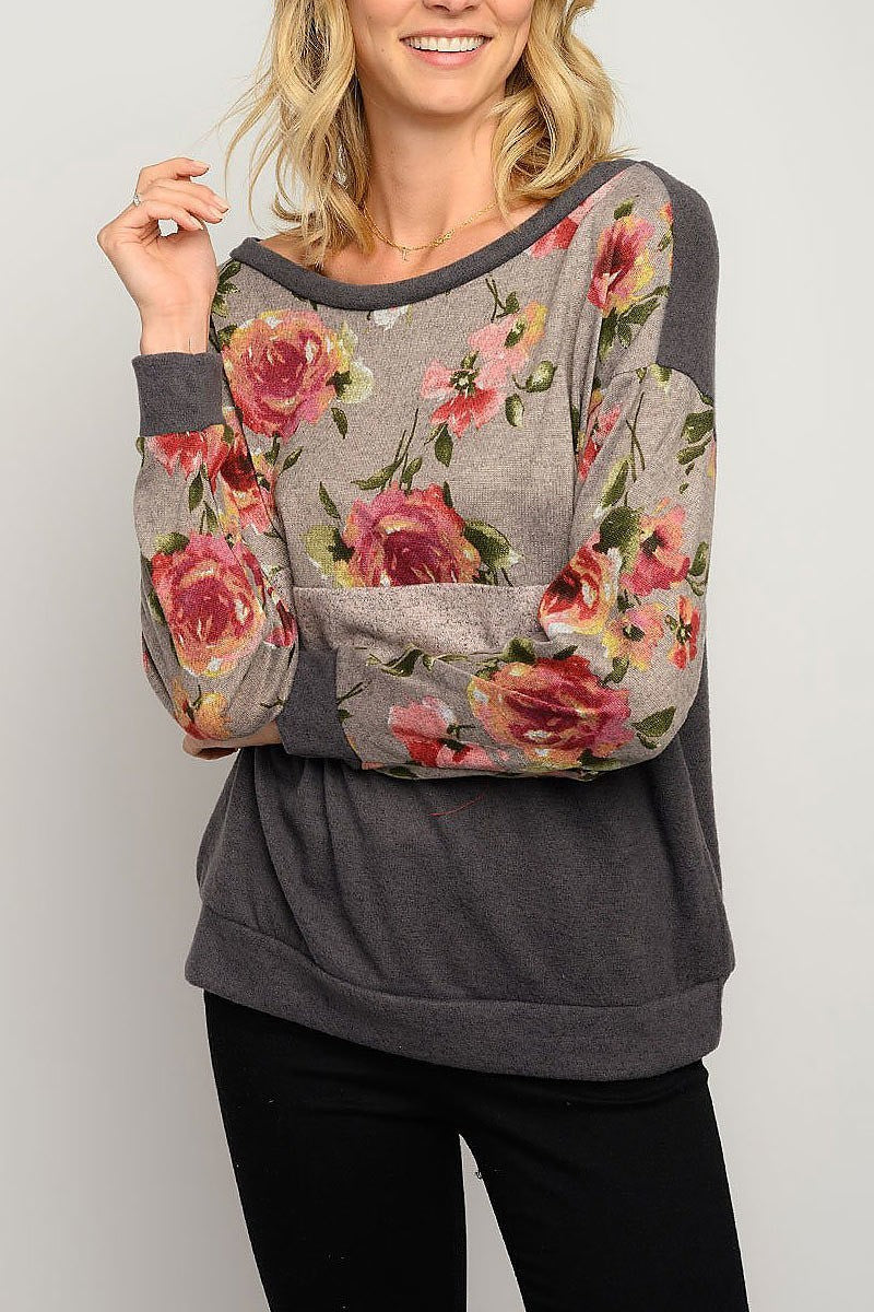 Long sleeve floral color block top (EDWT3260)