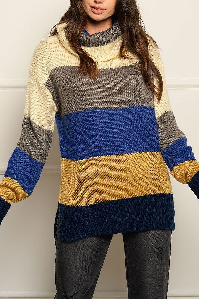 Long sleeves color block turtle neck sweater (EDWT3969)