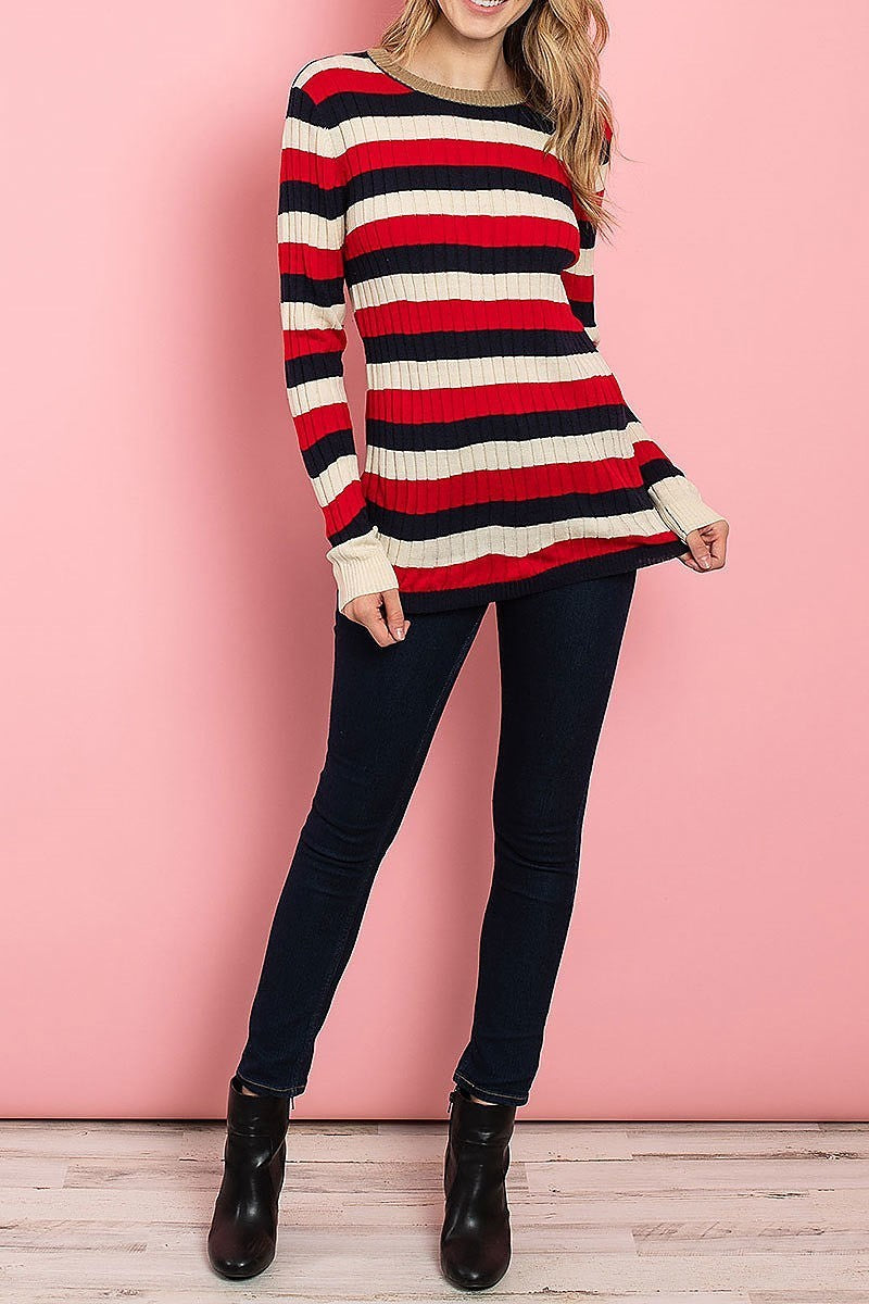 Round neck ribbed knit stripe top (ED7912)