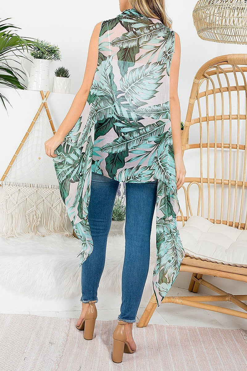 Tropical leaf print bohemiian open front kimono vest (EF3244)