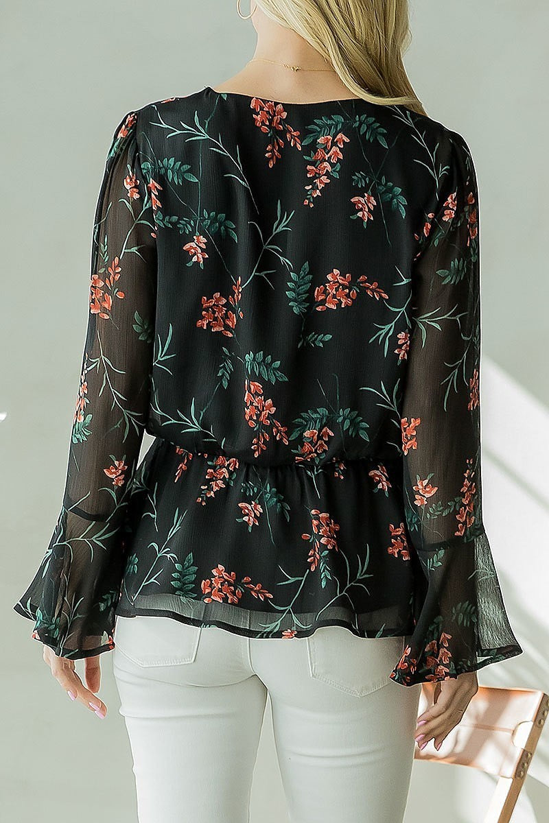 Sheer bell sleeve flroal print top (EF3939)