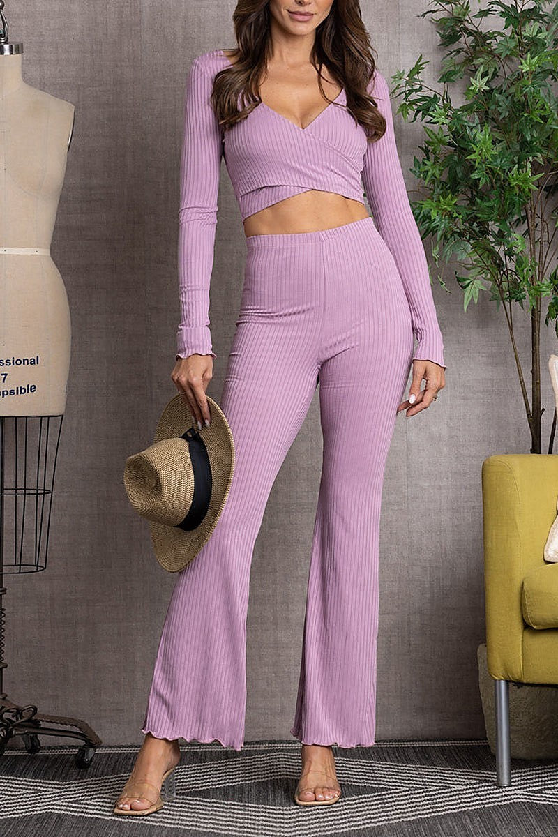 Ribbed long sleeve croptop and pants set (EDSW3059)