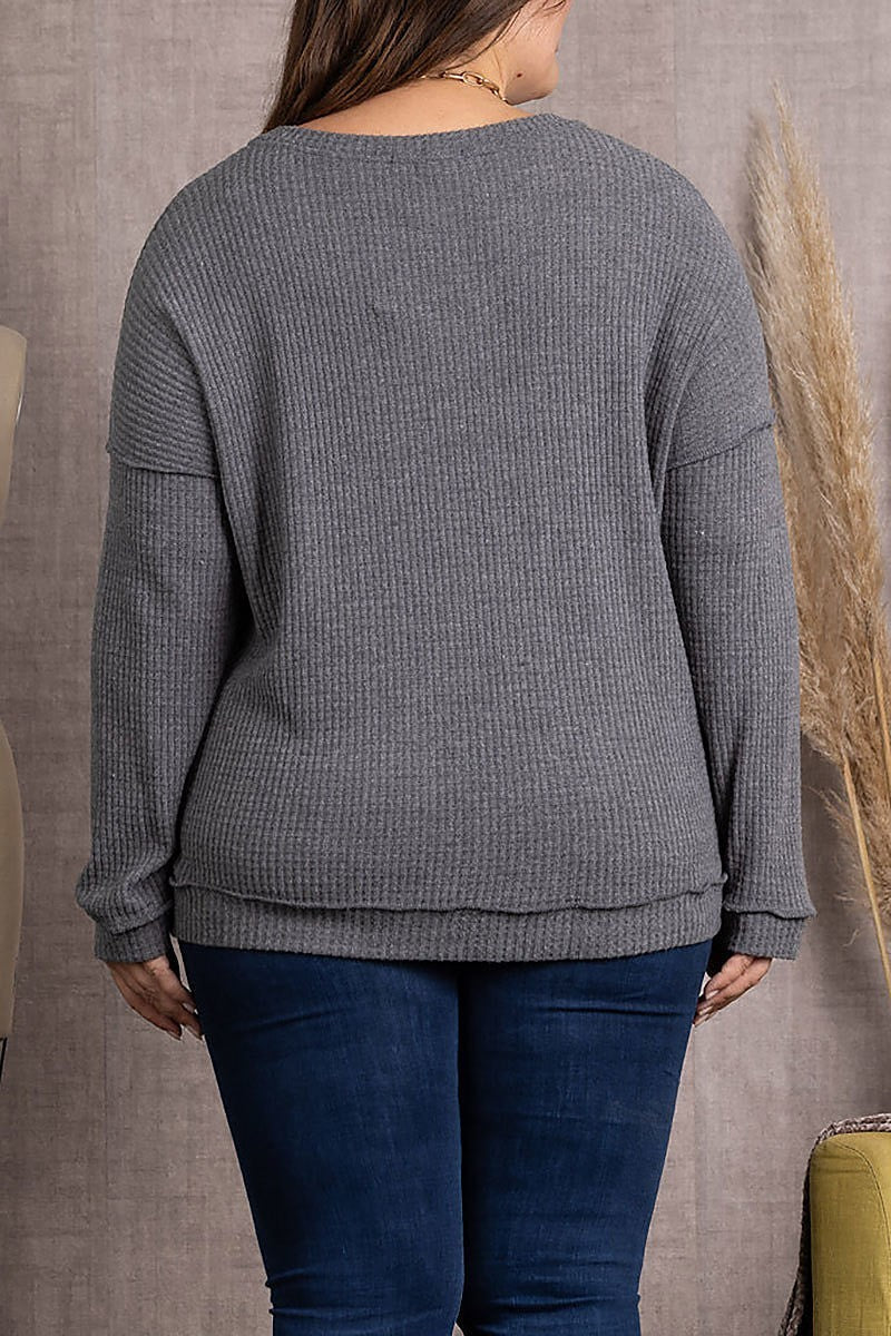 Ribbed knit long sleeves plus size top (EDSW3717)