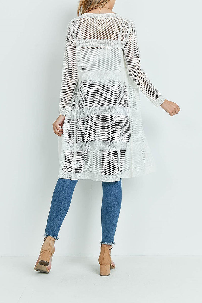 Sheer stripe long line crochet sheer cardigan (ED9492)