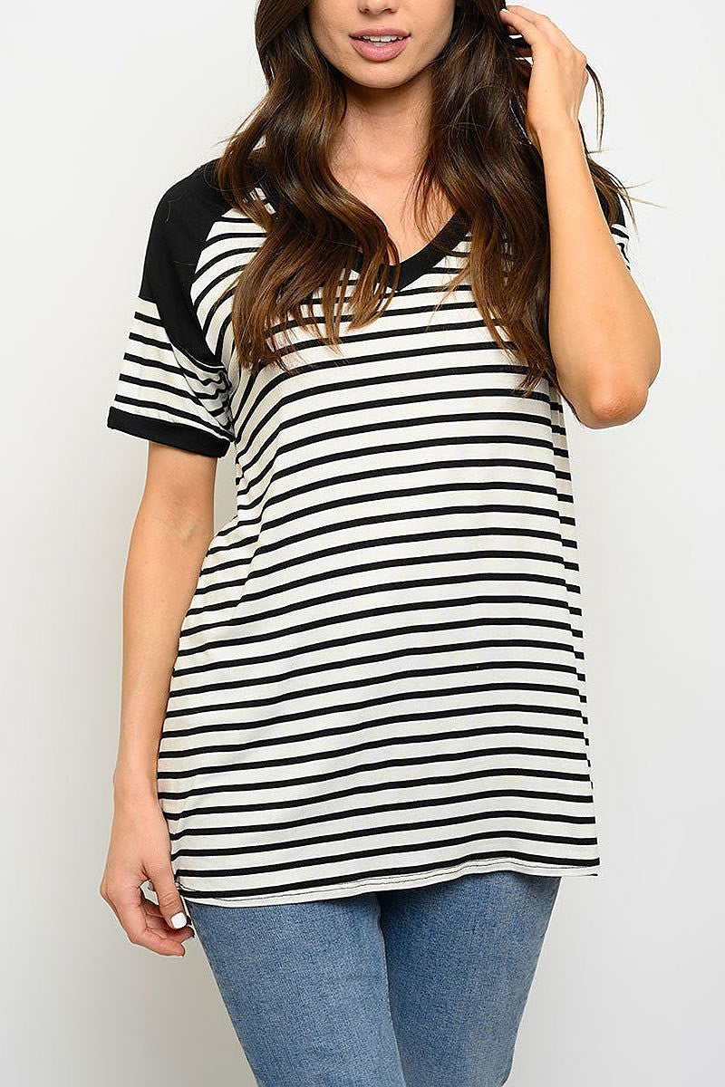 Short sleeve v neck stripes top (EDWT4206)