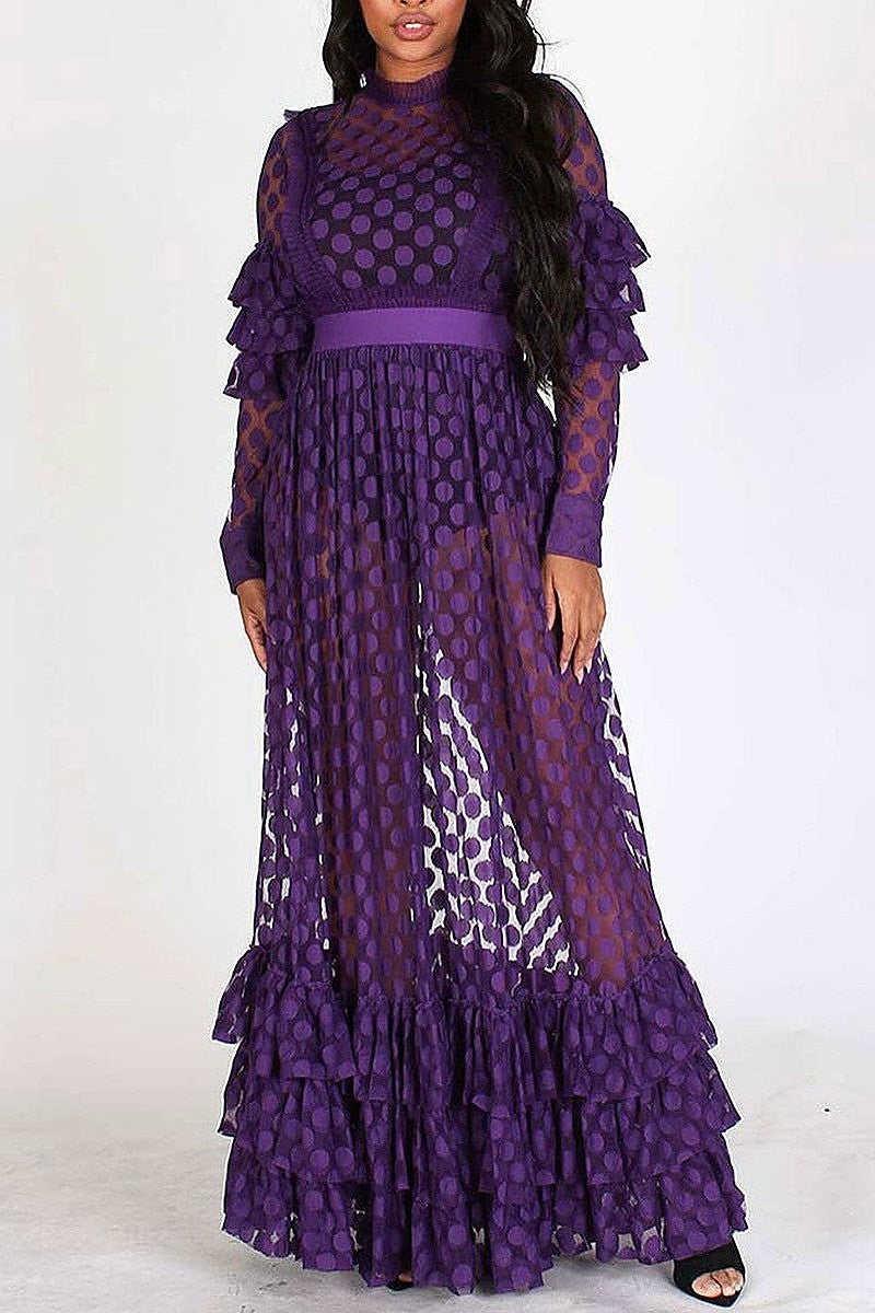 Long sleeves all over lace ruffle maxi dress (EFWT4323)