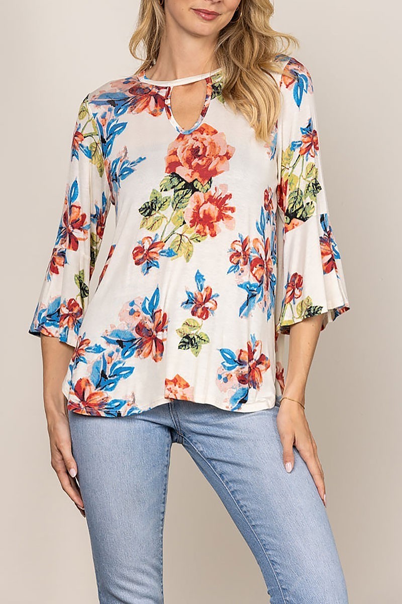 Round keyhole floral print bell 3/4 sleeves top (EDSW4285)