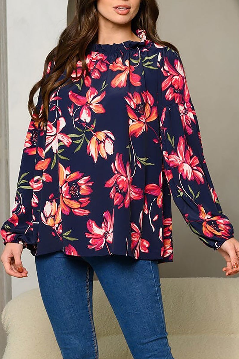 Long sleeve floral print tunic top (EDWT8267)