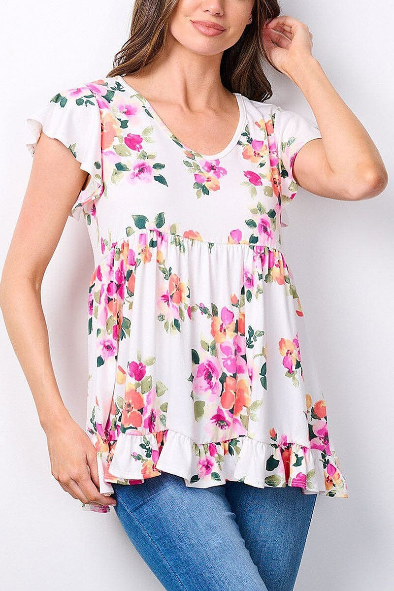 Short sleeve v-neck floral print ruffle top (EFWT7520)