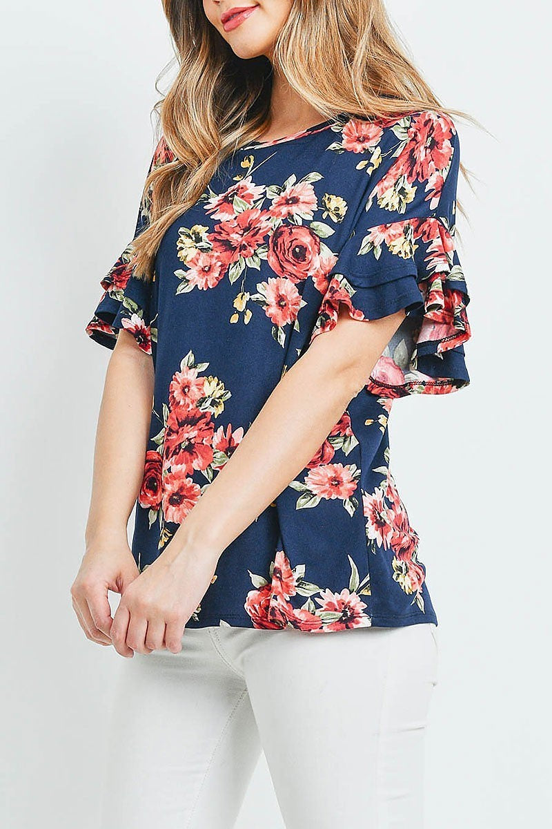 Ruffle sleeves round neck floral print top (ED9438)