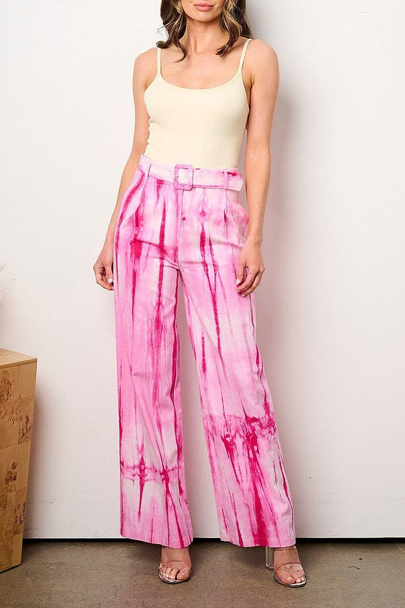 Button closure belted tie dye wide leg pants (EFWT9092)