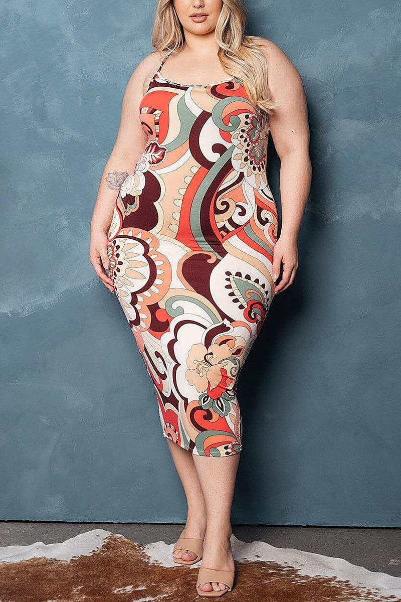 Sleeveless bodycon multi print midi dress (EDWT9592)