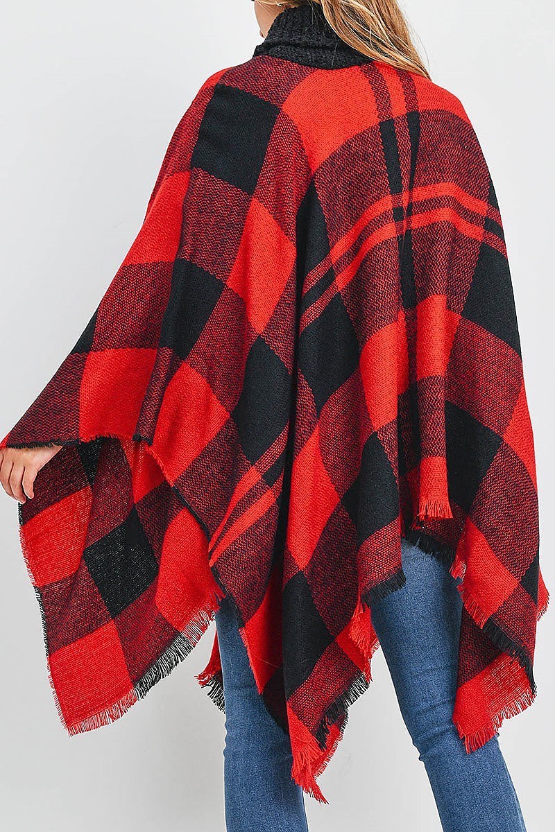 Plaid knitted turtlekneck poncho (DGS5458)